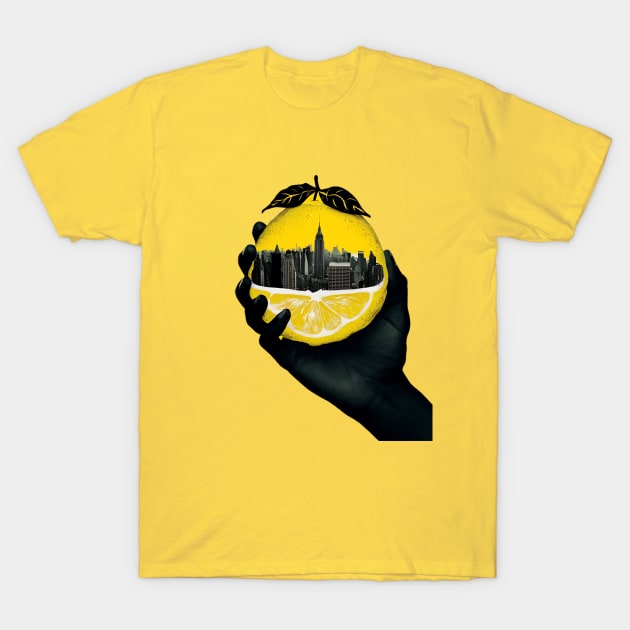 A hand holding a city inside a lemon T-Shirt by YuriArt